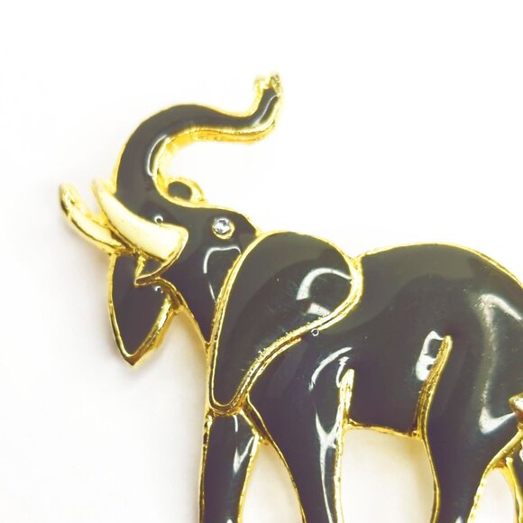 Vintage Gold-Tone Dark Gray Enamel Elephant Brooch Pin - Picture 3 of 4